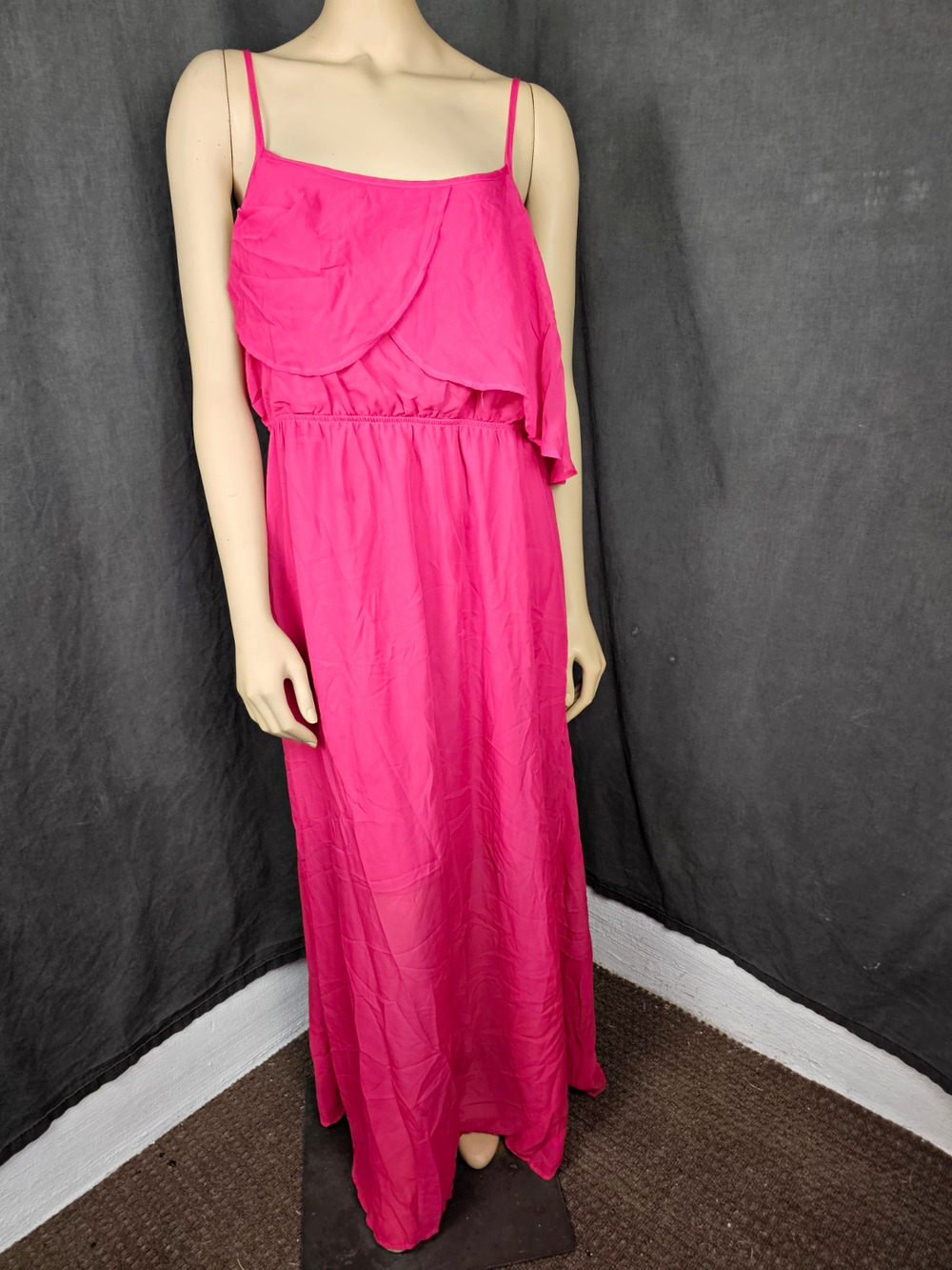 NWT Hot Pink Ruffle Maxi Dress womens XL Sun Dress Popover Tiered Bodice Long